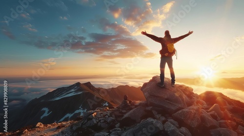 hiker standing triumphantly on mountain peak at sunset inspiring goals and achievements concept photo