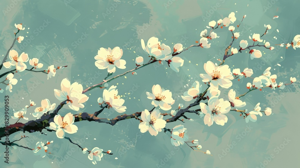 Create a digital artwork of spring blossoms. Illustrate a tree branch covered in blossoms using simple shapes and soft colors. Arrange the blossoms in a balanced composition that highlights their Create a digital artwork of spring blossoms. Illustrate a tree branch covered in blossoms using simple shapes and soft colors. Arrange the blossoms in a balanced composition that highlights their