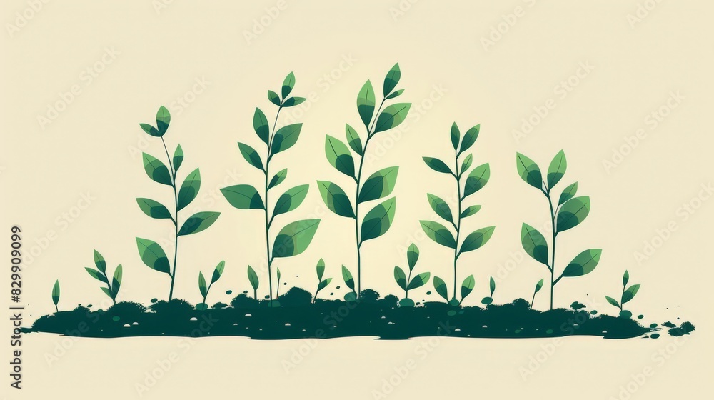 Illustrate new growth in a minimalist style. Depict small plants or seedlings emerging from the soil, using clean lines and a fresh green color palette. Emphasize the sense of renewal and new