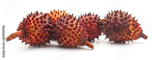 Fresh whole salak with spiky reddishbrown skin, isolated on white background, perfect for tropical fruit displays, clean and vibrant look, ample space for text photo