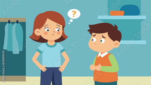 A shy boy nervously asking his mother for fashion advice wanting to fit in with his new classmates.. Vector illustration