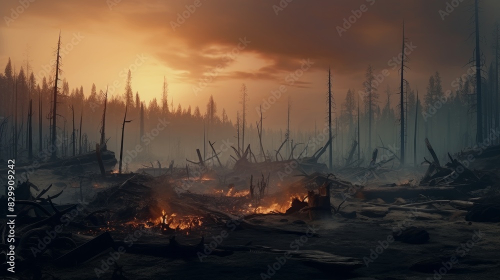 A fire engulfs the forest and dry grass, leaving a black layer of burning and ash on the ground A fire engulfs the forest and dry grass, leaving a black layer of burning and ash on the ground