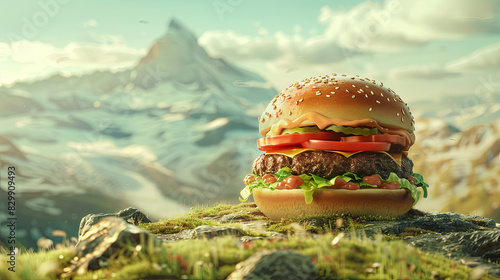 Delicious hamburger on a background of mountains, nature snack concept