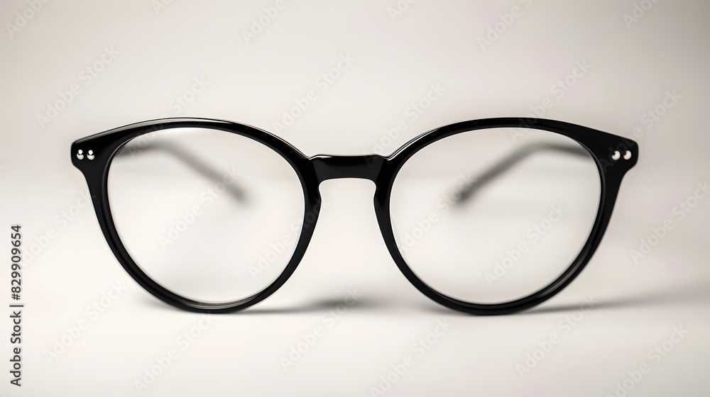Fototapeta premium Black frame glasses on a white background, close up product photography in a studio with light.