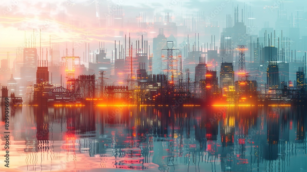 Double exposure of electrical substation designs with actual industrial substations. Minimal and Simple style Double exposure of electrical substation designs with actual industrial substations. Minimal and Simple style