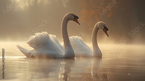 Majestic Swans Glides Through The Misty Morning Fog On A Tranquil Lake