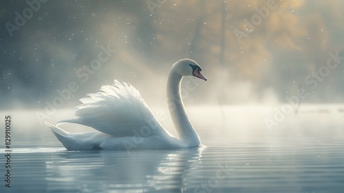 Majestic Swan Glides Through The Misty Morning Fog On A Tranquil Lake © mitarart