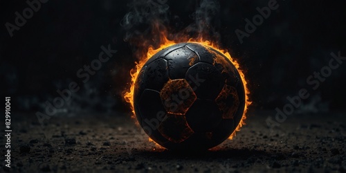 Scorching soccer ball radiating heat in a blackened environment. photo