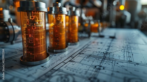 Blueprint of industrial filtration systems superimposed on functioning filters. Minimal and Simple style photo