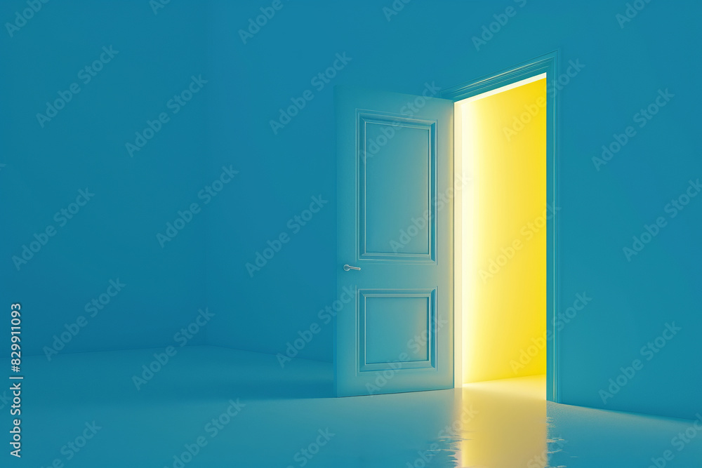 Open door with bright yellow light in blue room Open door with bright yellow light in blue room