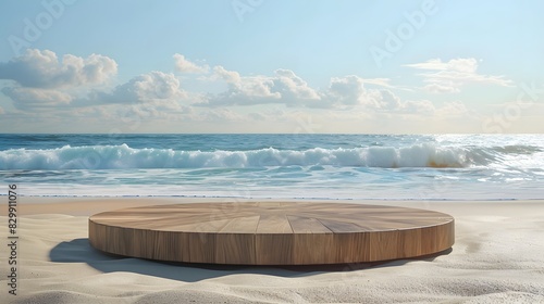 Empty beautiful round wooden podium on sandy beach background summer concept. © horizon