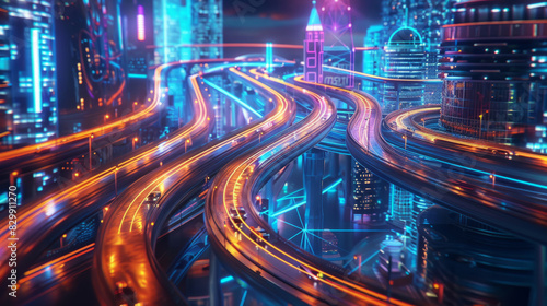 Futuristic city highway with glowing neon lights at night