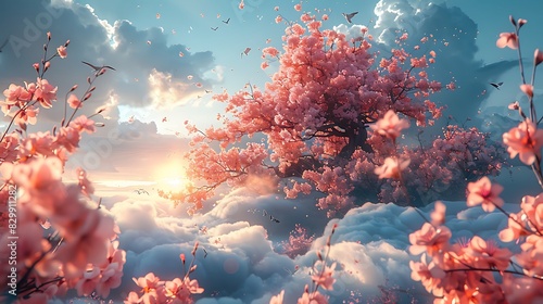 Flowers growing in the sky  surreal and fantastical scene  vibrant blooms among clouds  rich blues and pinks  birds flying around the flowers  soft and dreamy lighting  whimsical and imaginative.