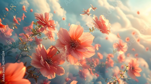 Flowers growing in the sky, surreal and fantastical scene, vibrant blooms among clouds, rich pinks and blues, birds flying around the flowers, soft and dreamy lighting, whimsical and imaginative.
