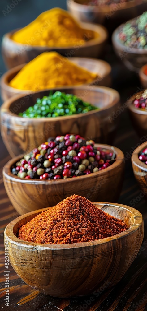 Fototapeta premium A collection of vibrant spices displayed in wooden bowls, perfect for culinary photography, food blogs, and gourmet cooking visuals.