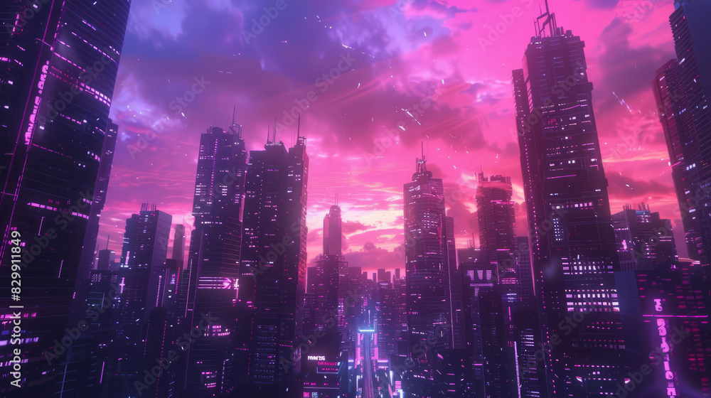 Cyberpunk cityscape with towering skyscrapers and vibrant pink skies Cyberpunk cityscape with towering skyscrapers and vibrant pink skies