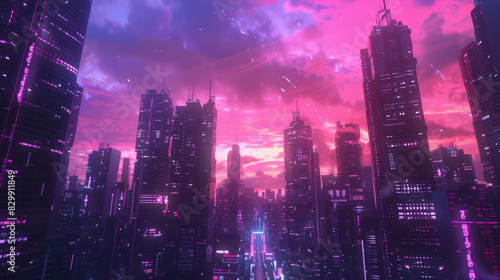 Cyberpunk cityscape with towering skyscrapers and vibrant pink skies