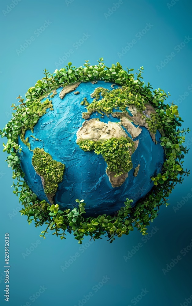A vibrant, eco-friendly globe with lush greenery symbolizing environmental sustainability and natural beauty on a blue background. A vibrant, eco-friendly globe with lush greenery symbolizing environmental sustainability and natural beauty on a blue background.