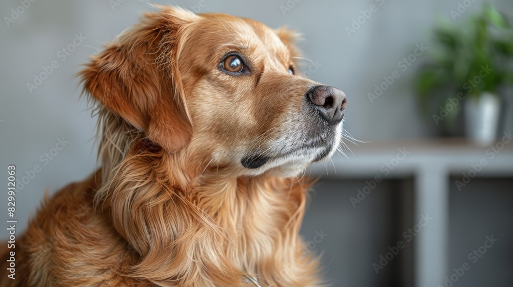 A side view of a dog wearing a stylish bandana, sitting in front of a plain white wall. The minimalist background emphasizes the dog's attire and presence, perfect for illustrating pet branding and A side view of a dog wearing a stylish bandana, sitting in front of a plain white wall. The minimalist background emphasizes the dog's attire and presence, perfect for illustrating pet branding and