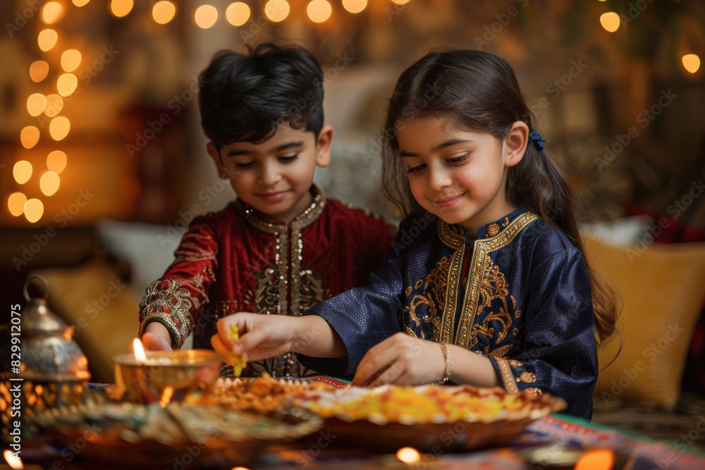 Siblings in Festive Attire Celebration, Eid feast, Islamic celebration, Family feast. Siblings in Festive Attire Celebration, Eid feast, Islamic celebration, Family feast.