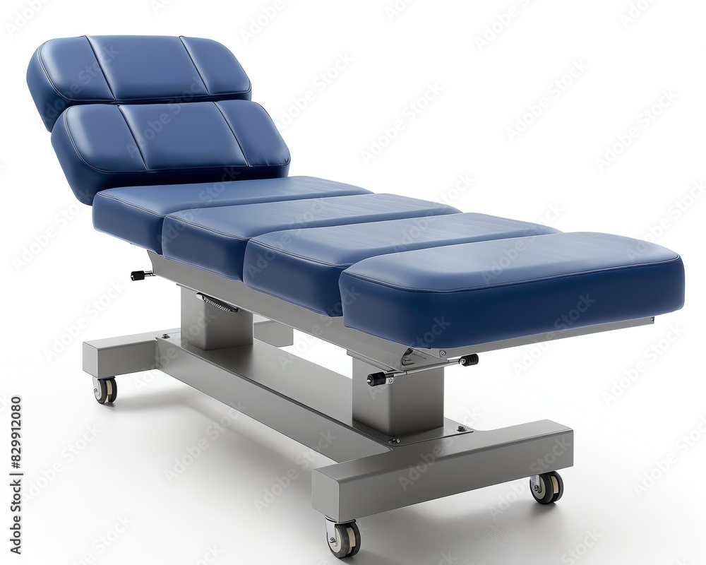 Modern, adjustable blue medical examination table with cushioned surface and wheels for easy mobility in healthcare settings. Modern, adjustable blue medical examination table with cushioned surface and wheels for easy mobility in healthcare settings.