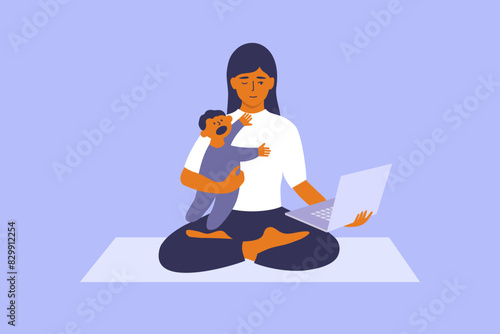 Working mother with crying baby. Female meditating on yoga mat holding small child and laptop in hand. Work life balance of woman on maternity leave. Young mom healthy wellbeing vector illustration