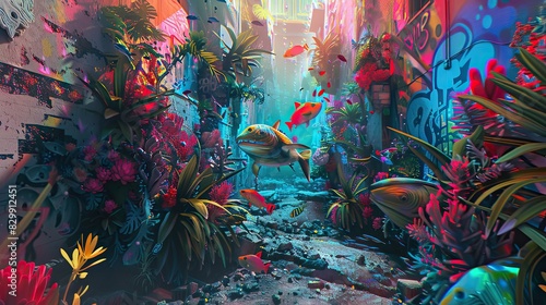 Explore unexpected camera angles in a 3D digital artwork depicting an underwater world merging with vibrant street art Bold perspectives