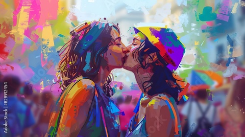 lgbt pride concept happy female couple kissing at parade celebrating freedom of love and diversity digital painting