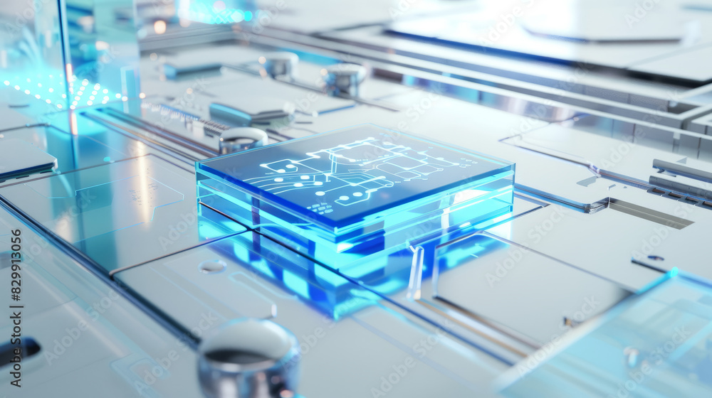 Fototapeta premium Futuristic microchip with blue circuit lines on a motherboard