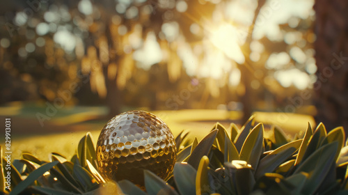 Golden golf ball on the perfect green grass background of Lukhuri exclusive golf courses. A great sport game exclusive collectible ball. Sunny sunset weather in summer. generative ai photo