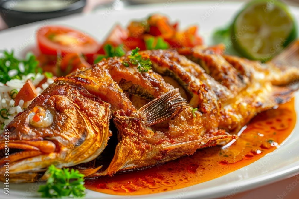 Divine culinary creation. Savory fried fish with exquisite gourmet sauce Divine culinary creation. Savory fried fish with exquisite gourmet sauce