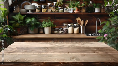 Rustic Kitchen Wooden Tabletop with Shelves Background