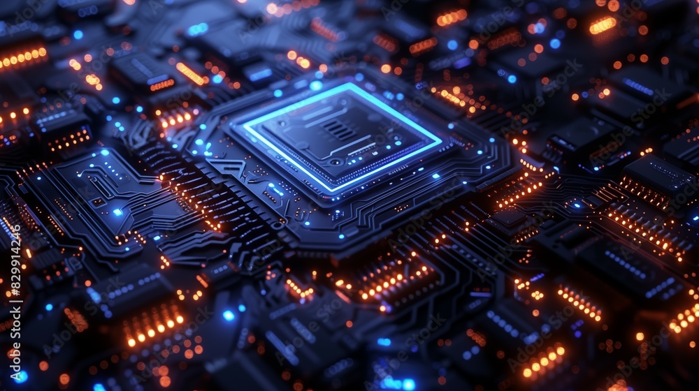 The microchips on the black board glow with orange and blue lights The microchips on the black board glow with orange and blue lights