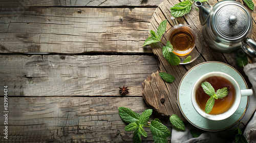 Kettle with herbal tea and cups on wooden background
