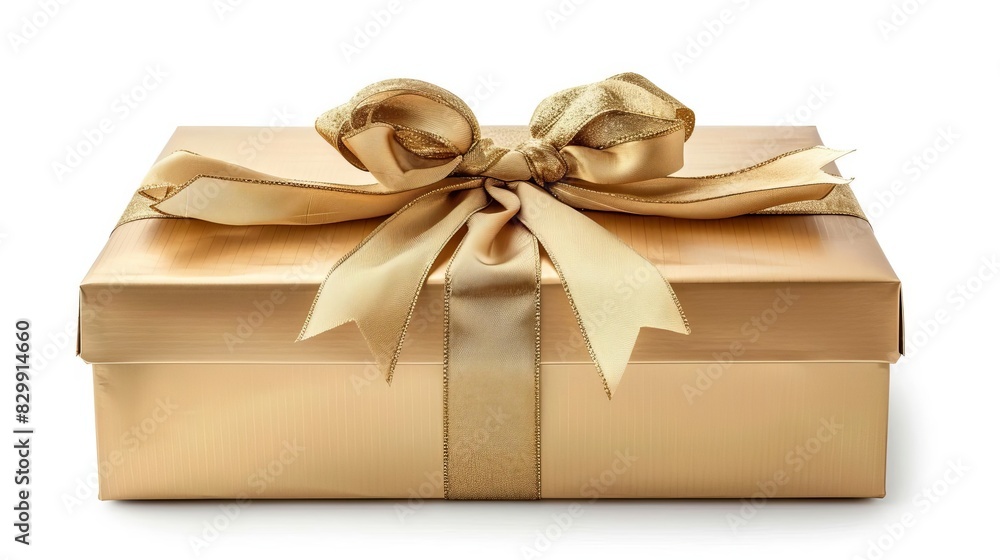 luxurious golden gift box with elegant satin ribbon and bow isolated on white festive holiday or special occasion concept luxurious golden gift box with elegant satin ribbon and bow isolated on white festive holiday or special occasion concept