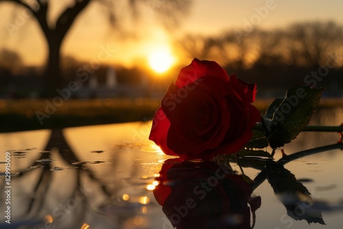 A single red rose adorning the Tomb of the Unknowns, capturing a silent tribute copy space, reflective honor, dynamic, silhouette against a dawn backdrop photo