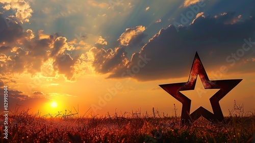 Memorial Day tribute the glow of a lone star copy space, patriotic reflection, vibrant, silhouette against a sunset backdrop photo