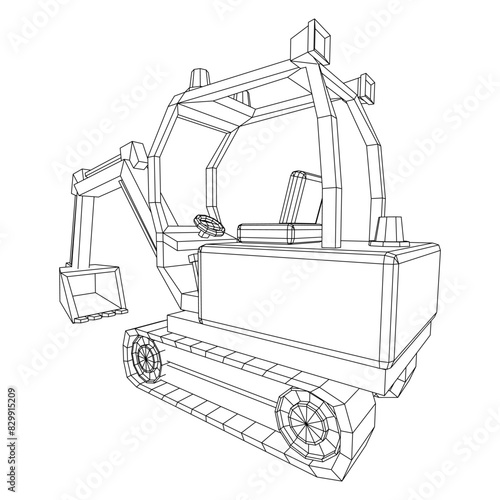 Heavy equipment excavator machine manufacturing power equipment for open pit mining. Wireframe low poly mesh vector illustration