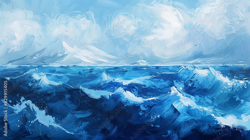 Vibrant hand-drawn ocean waves under a serene sky