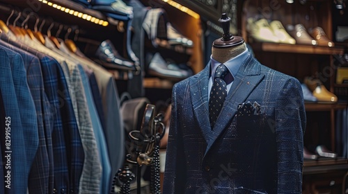 Dark navy blue suit with tie displayed on a mannequin in a store. Generative AI