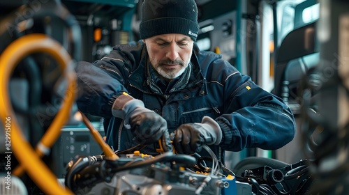 The mechanic is working on the engine of an electric truck, which has wires and other parts attached to it. He wears dark blue work with blue gloves and hat. 