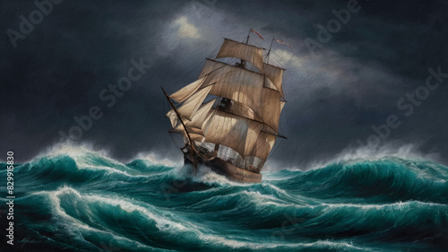 Sailing ship among the rough waves at sea, canvas painting, artwork