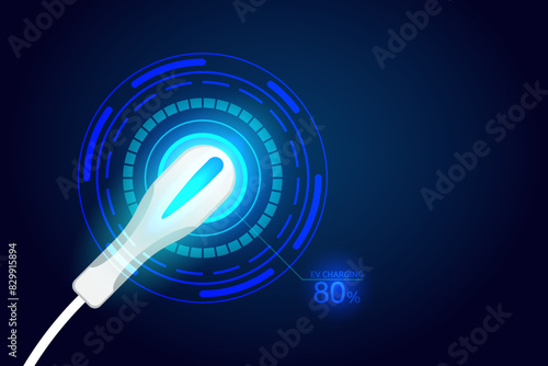 Power cable pump plug in charging power to electric vehicle EV car with modern technology on hi tech blue future background. Vector illustration.
