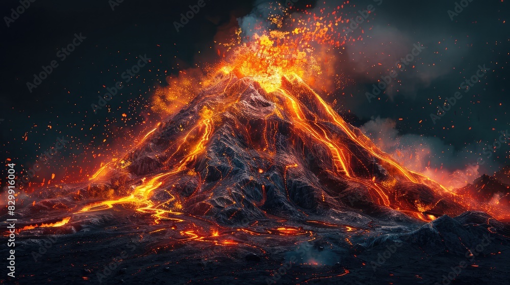 [flat 2d vector illustration of the volcano, fiery style, made of lava, darker around edges, blacker background, darker background, no bloom, no glow