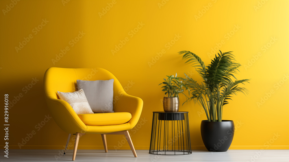 Yellow Chair in Modern Interior with Plants