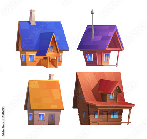 Vector set of cartoon wooden houses with chimneys, stairs and a veranda