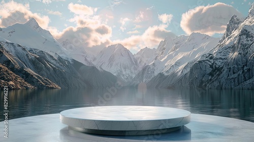 luxury product display podium presentation with tranquil lake and snowcapped mountains backdrop advertising concept 3d illustration