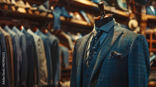 Dark navy blue suits and ties showcased on mannequins in a tailoring room for a mens clothing and office wear store. Generative AI