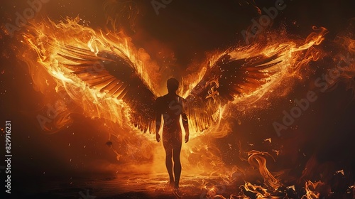 magical fallen angel lucifer with glowing fiery wings dark fantasy concept illustration