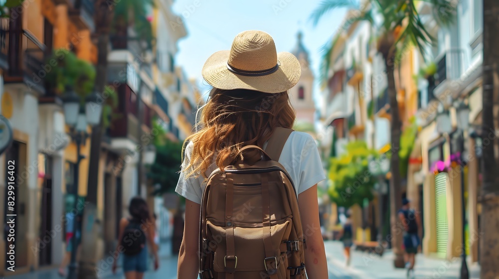Young woman tourist wearing hat and backpack walking down the street in city center of Malaga, Spain on summer vacation. Travel concept. Young woman tourist wearing hat and backpack walking down the street in city center of Malaga, Spain on summer vacation. Travel concept.